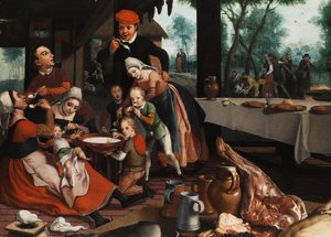 Familie aan het gezamenlijke eten door Pieter Pietersz the Elder